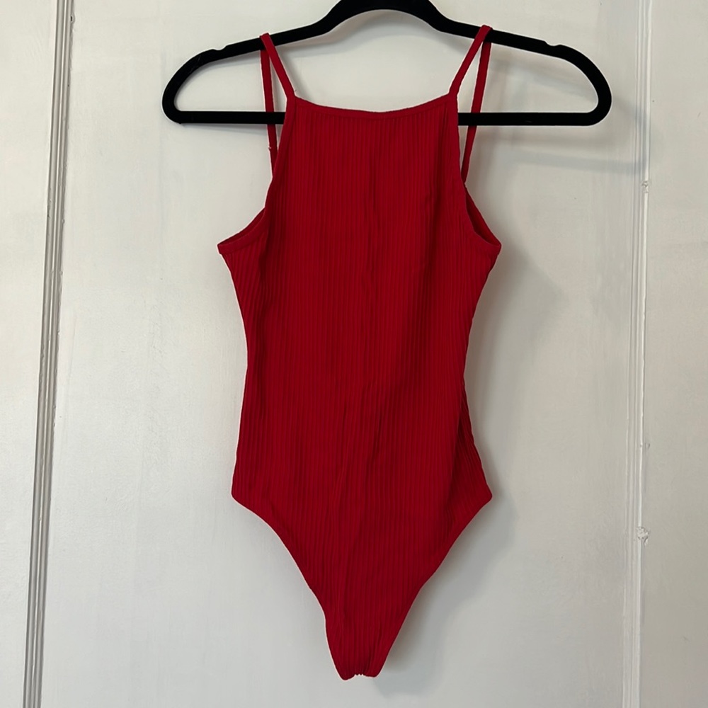 Wilfred body suit, size small with high neckline and plunging/open back.
